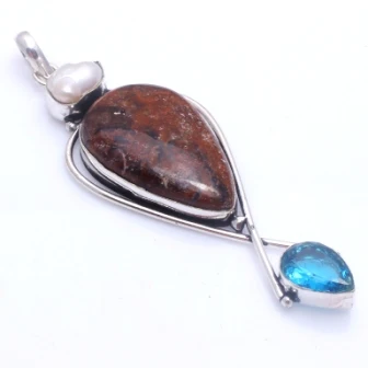 

Genuine Jasper + Biwa Pearl + Blue Topaz Pendant Silver Overlay over Copper , 85 mm, P10119