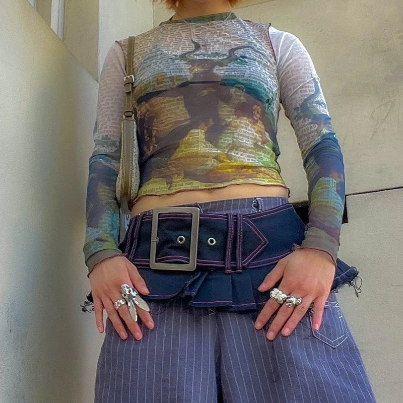 Женский тонкий укороченный топ Y2K с буквенным принтом облегающая Базовая рубашка