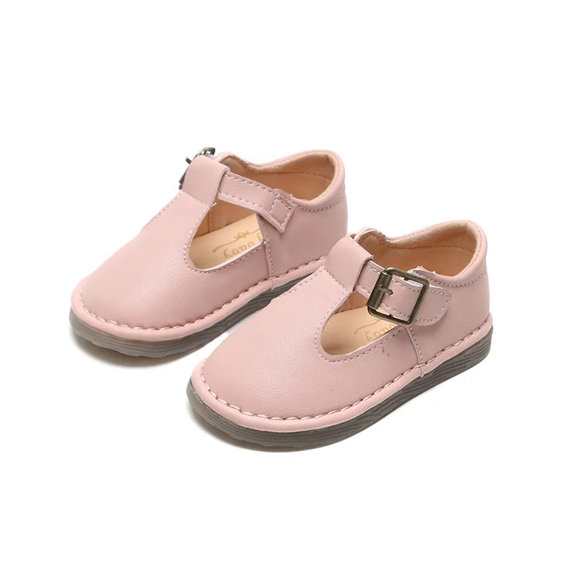 Простая и чистая кожаная обувь Однотонная для девочек Цвет черный бежевый