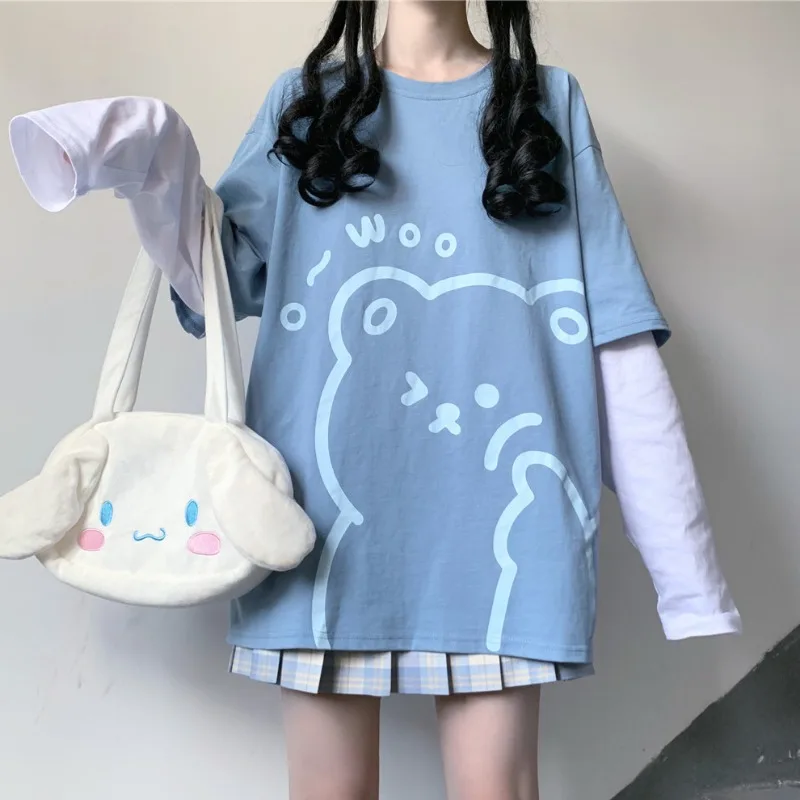 

2021 Autumn New Oversize Pullover Sweatshirt Fashion Japanese Cute Print Splicing O-Neck Tee Preppy Harajuku Ins Casual Top Y2k
