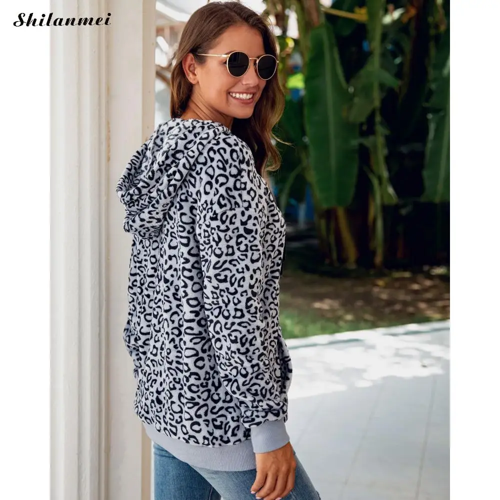 

2019 Autumn Winter Fleece Hoodie Women Leopard Hooded Pullovers Fashion Streetwear Pullovers Ladies Casual Plush Hoodies Femme