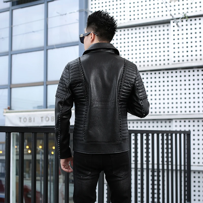 

ABOORUN Men's Punk PU Leather Jackets Black Rivets Motorcycle Leather Jackets Slim fit Pleated Leather Coat for Male