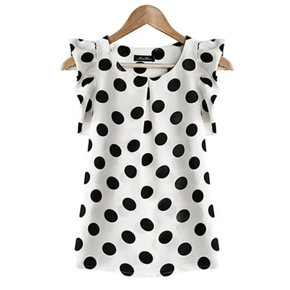

Women Summer Casual Polka Dot Round Neck Short Sleeve Shirt Top Chiffon Blouse