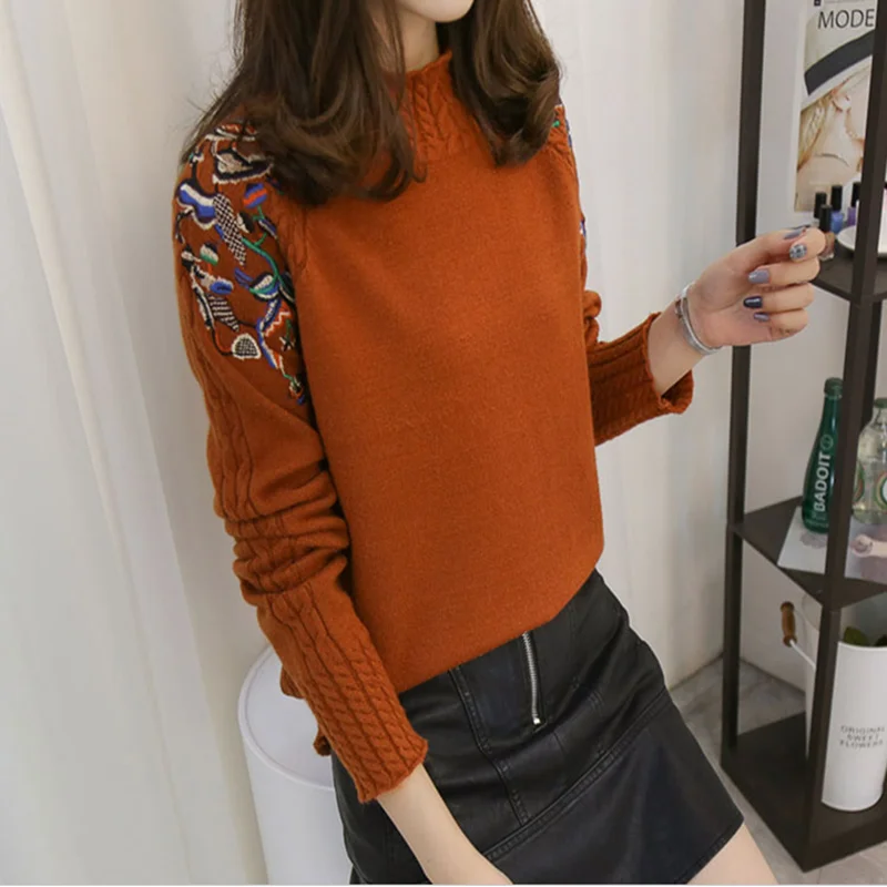 2021 female half turtleneck sweater sleeve head embroidery twist loose all-match long sleeved bottoming sweaters | Женская одежда