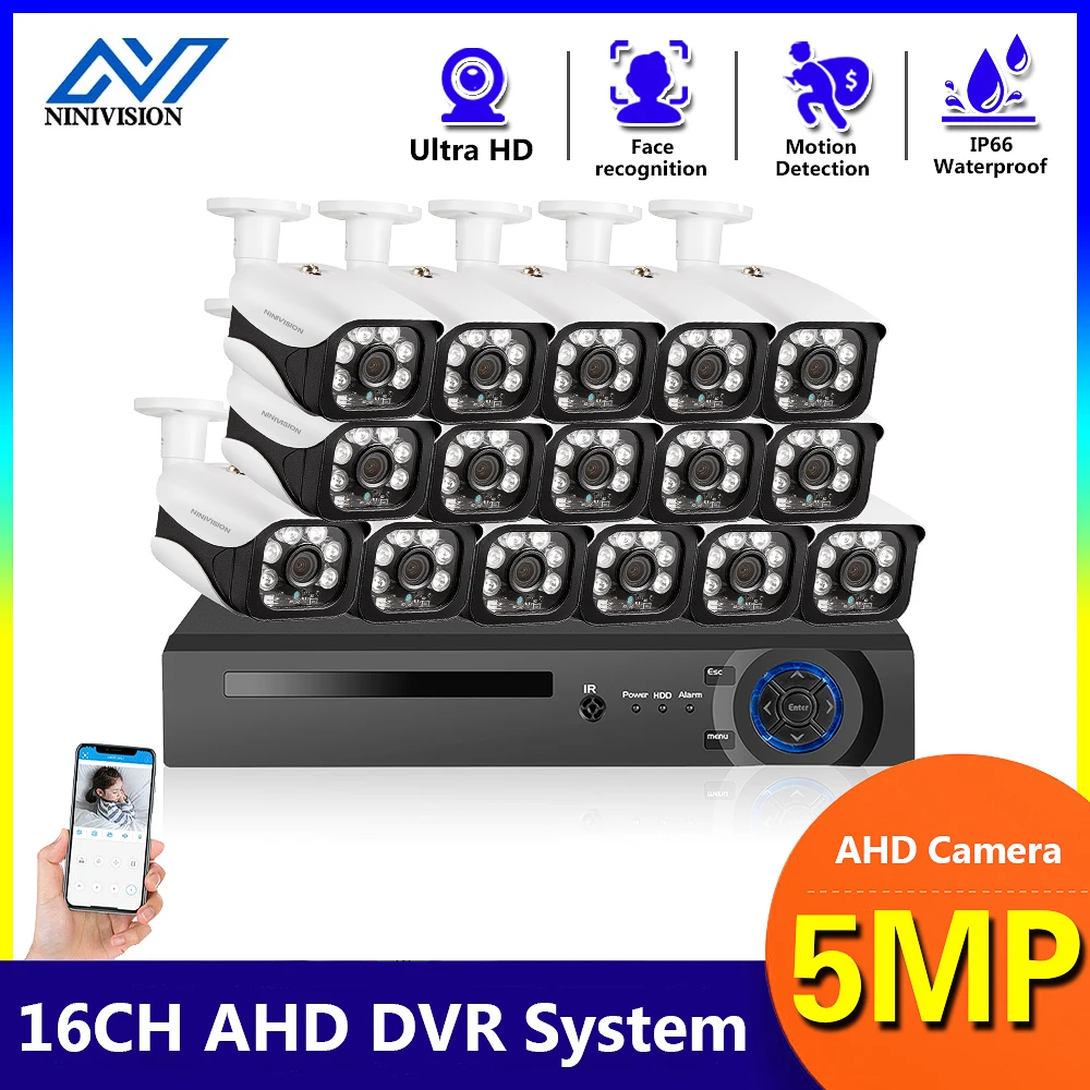 

H.265 16CH 8CH AI Human Detection Face Record CCTV DVR NVR Audio System 5MP 2592*1944P x1/3 Inch IP66 AHD Security Camera Kit