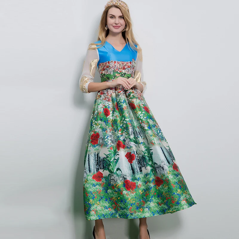 Платье с длинным рукавом и цветочным принтом Золотое длинное платье треугольным