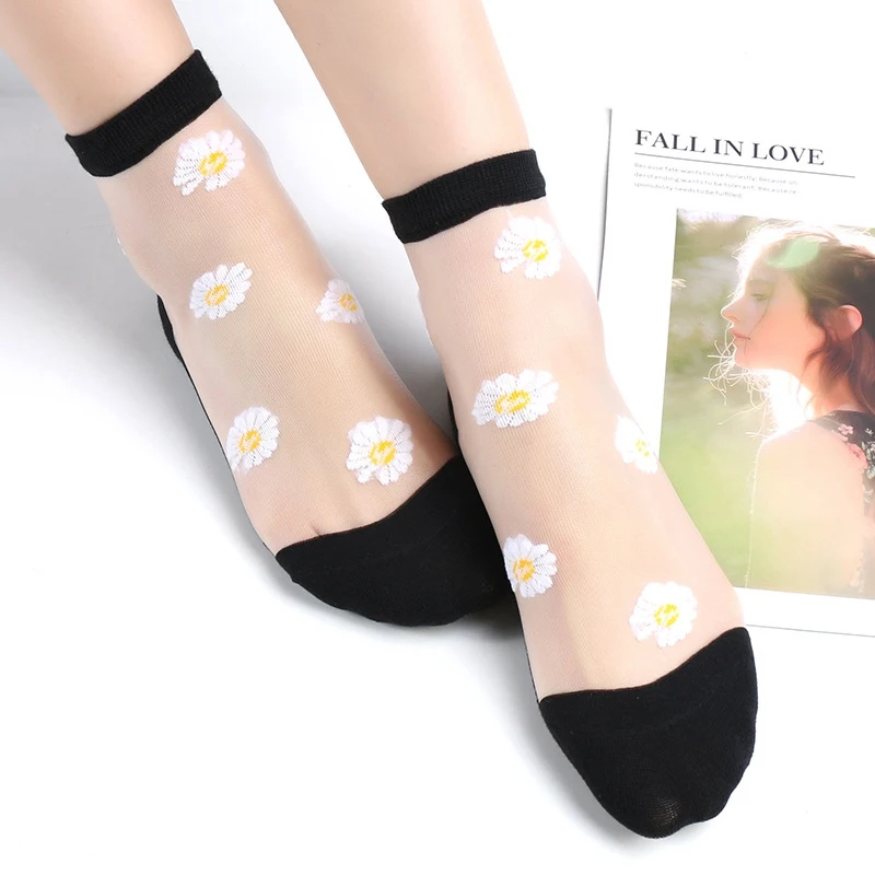 

Summer Women's Ultra-thin Fiberglass Silk Ankle Socks Fashion Daisy Flower Comfortable Transparent Breathable Cool Stockings