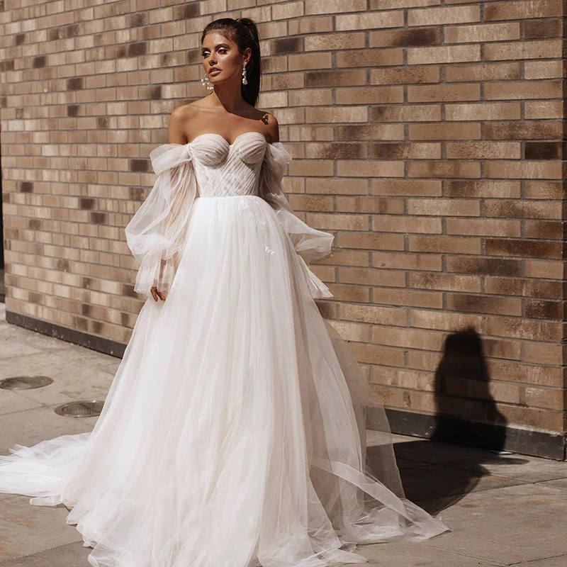 

Off the Shoulder Long Sleeves A Line Beach Wedding Dresses Lace Up Back Sweep Train Boho Bridal Gowns Princess Custom Made