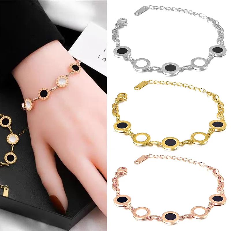 

Lover Bracelet For Women Five Roman Numerals Round Black and White Shell Stainless Steel Metal Bangles Jewelry