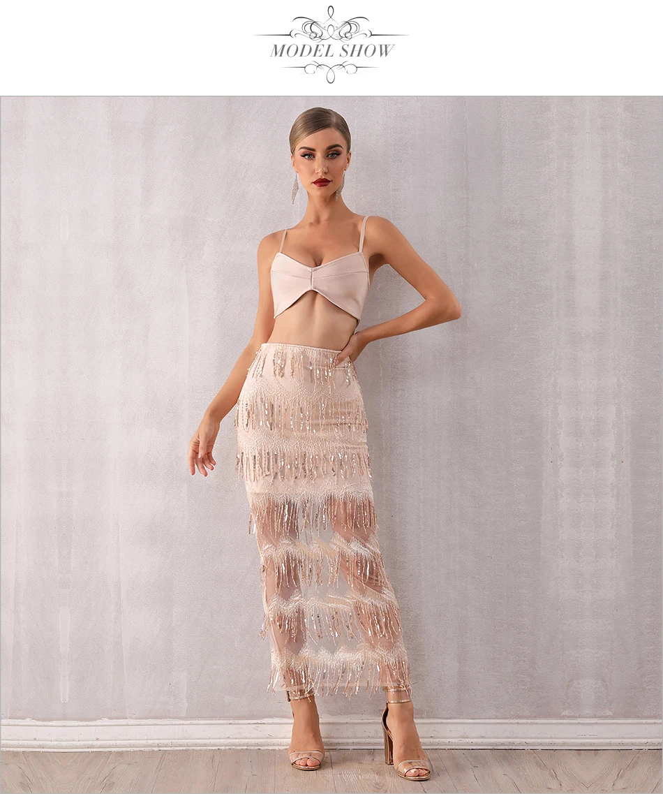 ADYCE, Новое поступление, женские наборы с блестками, Vestidos,, 2 предмета, набор на тонких бретелях, топ с кисточками, вечернее платье в стиле знаменитостей