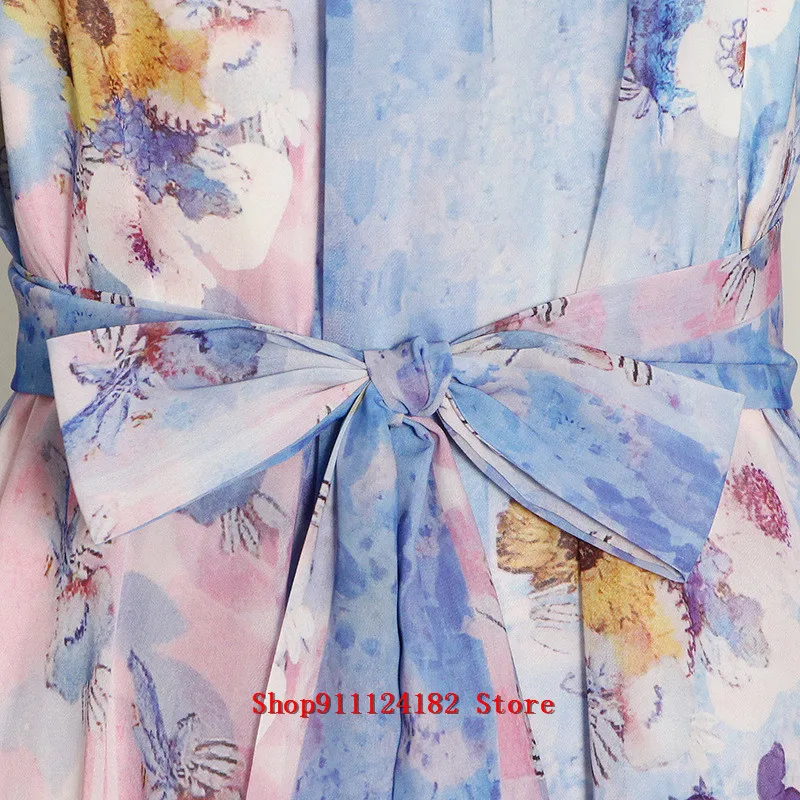 

Europe Station 2021 Spring And Summer Fashion Round Neck Lantern Sleeve Bow Tie Waist Dress Medium Length Women