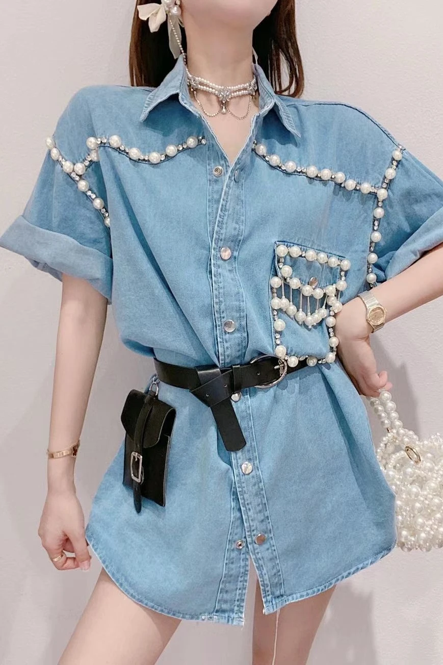 

2021 Summer European New Beads Mid-Length Ladies Denim Shirt Women Western Style Pearl Belt Blouses Fashion High Street Tops