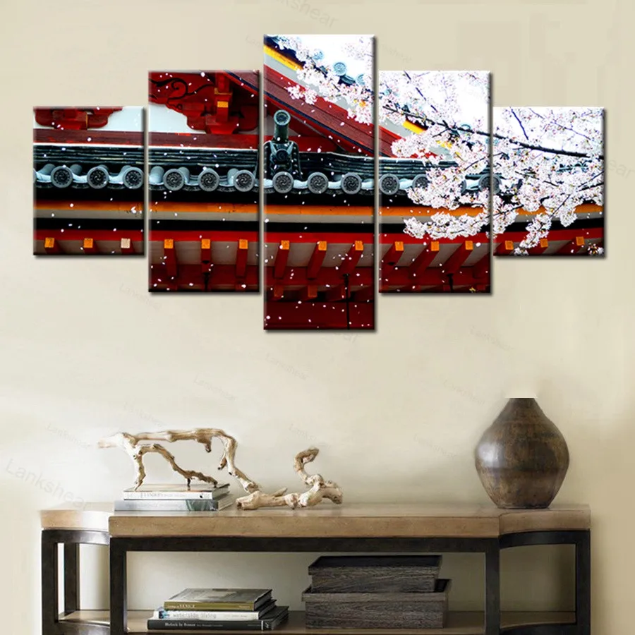 

5 Pieces Japanese Temples Landscape Picture Wall Art Red Fir Tree Home Decoratives Canvas Painting for Living Room Decor