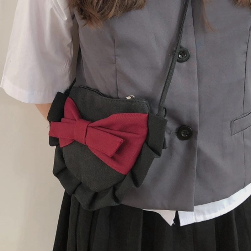 Women's Semicircular Handbag Crossbody Shoulder Bag Canvas Bow Ruffled Zipper Wallet |