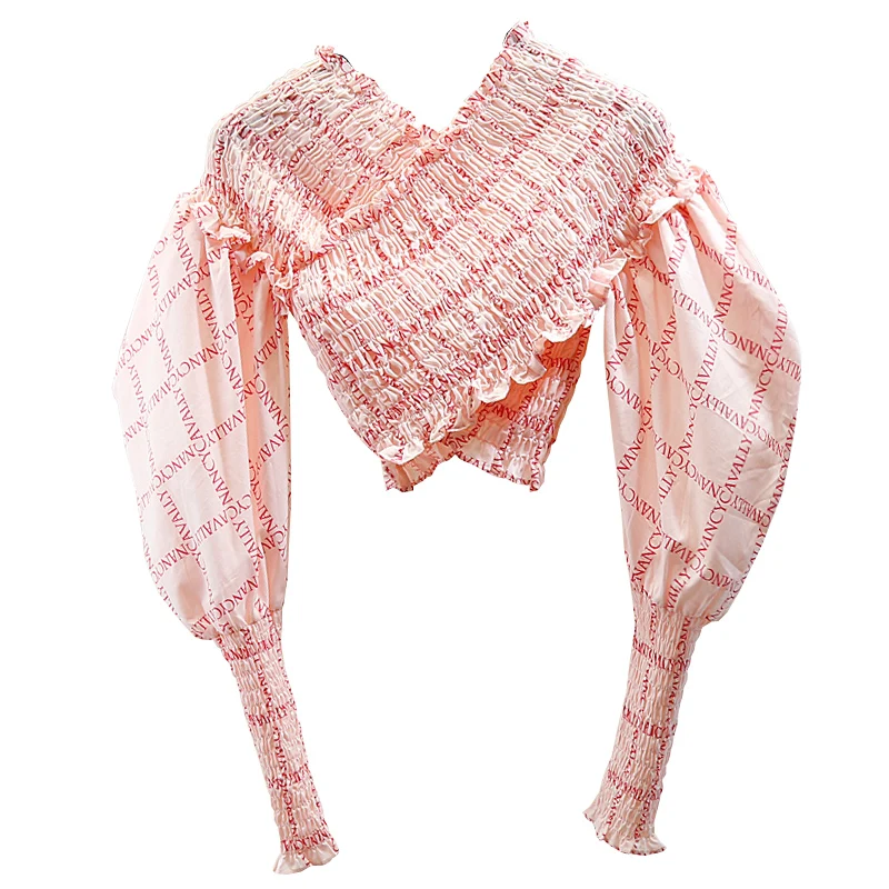 

2020 New Sexy Blouse Fashion Girls Printing Letters Slash Neck Midriff-baring Shirt Elastic Slim Pink Short Top Women