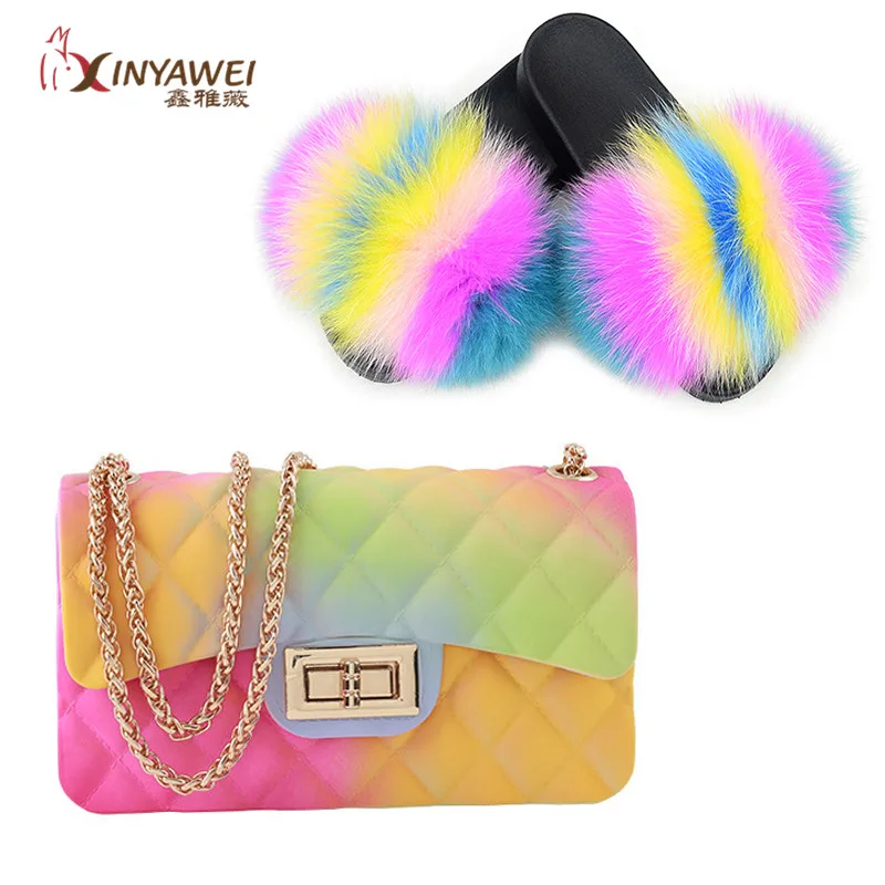 100% fox fur slippers women cute flip flop travel furry shoes jelly bag set fashion | Обувь