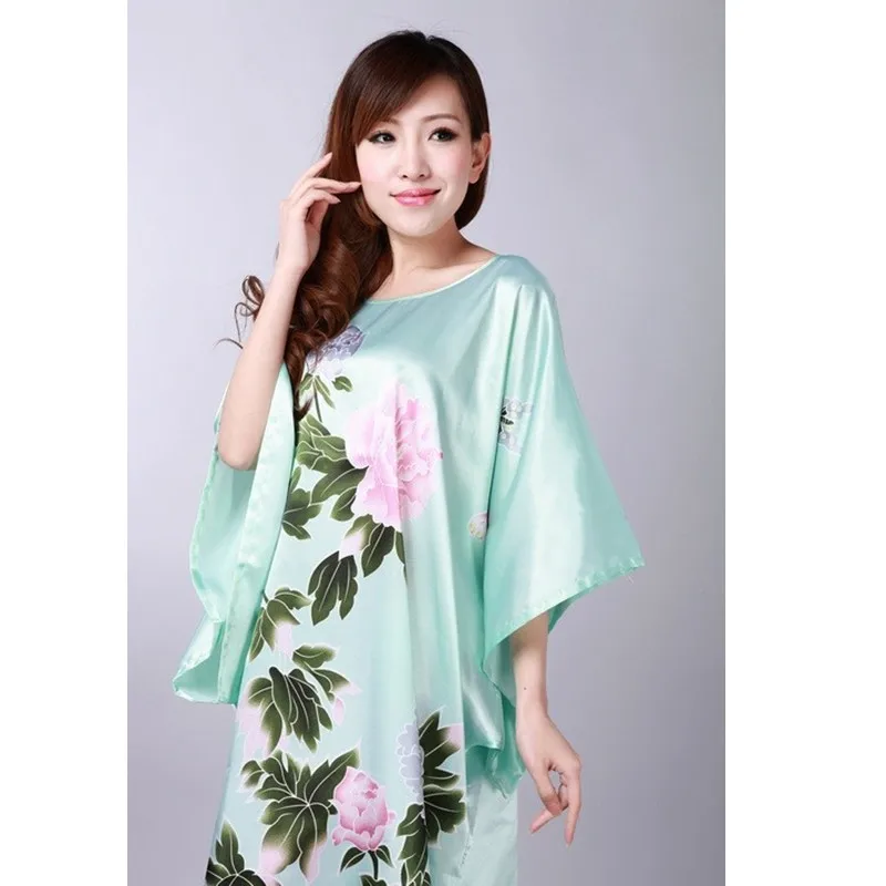New Arrival Light Blue Female Silk Rayon Nightwear Summer Lounge Robe Dress Home Wear Kimono Bath Gown Flower One Size images - 6