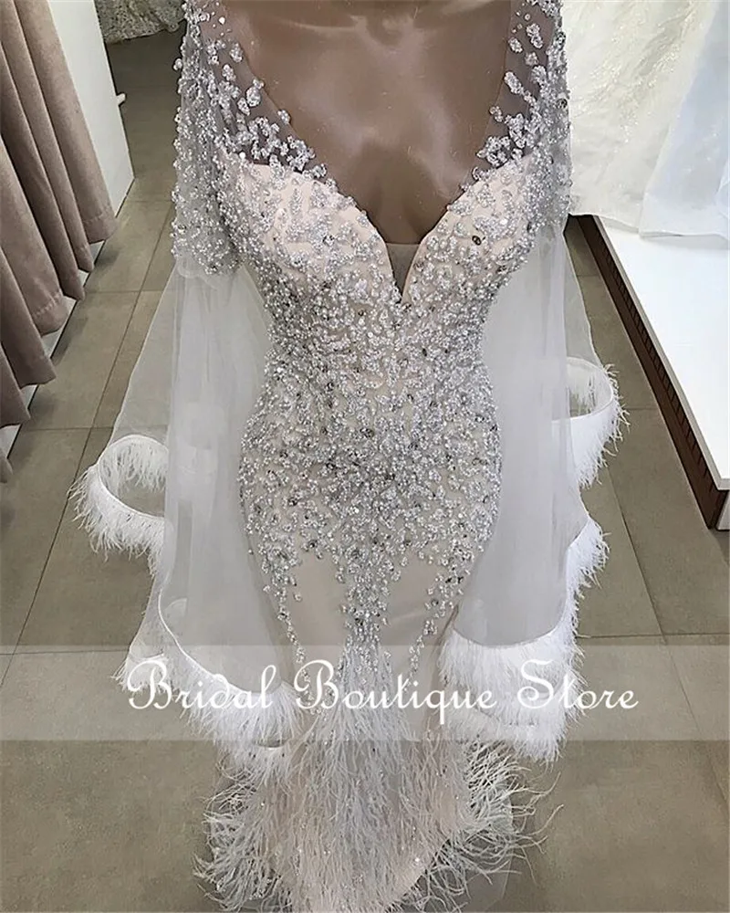 

White Wendding Dresses Feather Long Sleeves Mermaid Bride Party Gowns 2021 Couture V Neck Tulle Beaded Crystals Prom Dresses