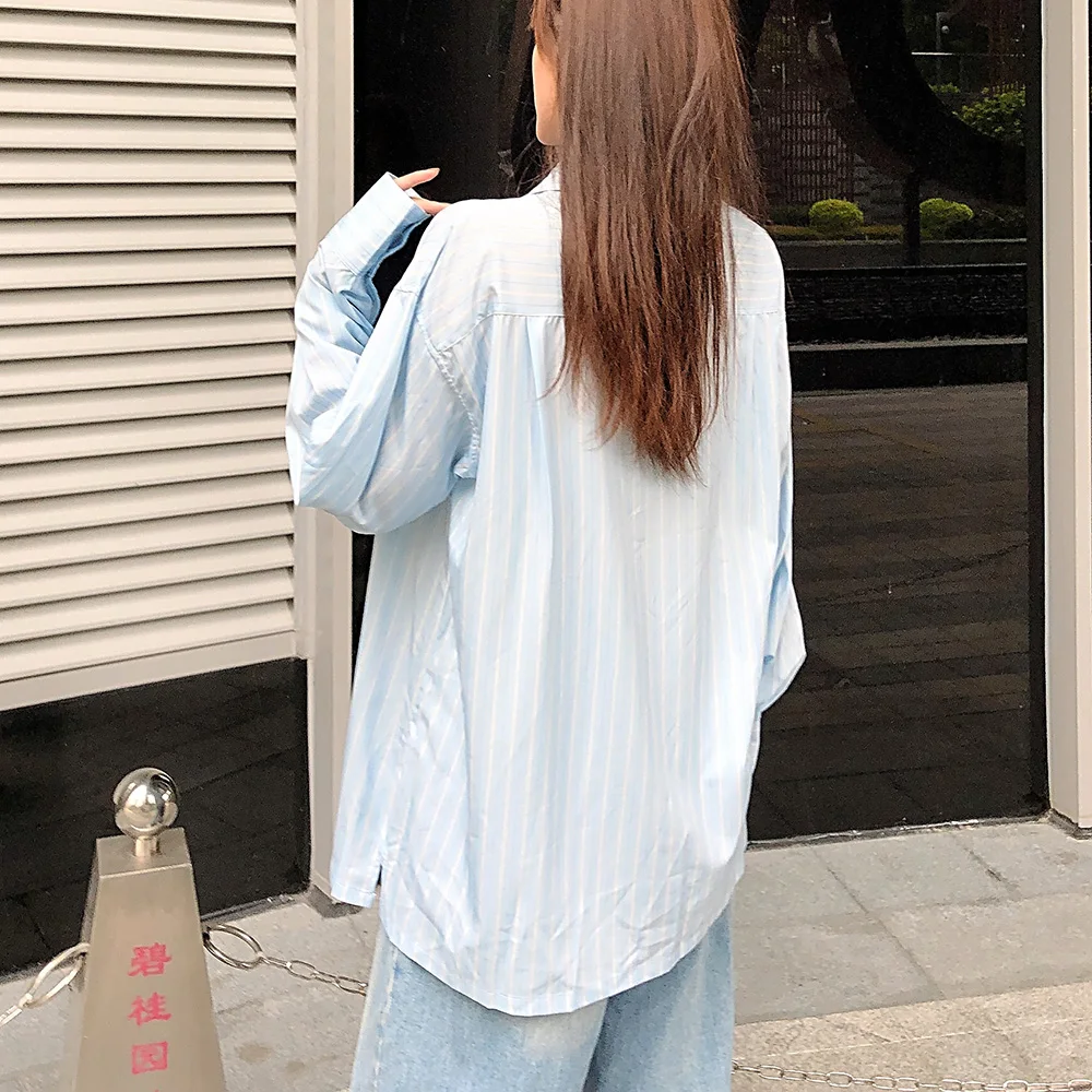 Autumn 2019 loose plus size stripe shirt female women casual blue and yellow large Blusa woman good quality womens blouse |