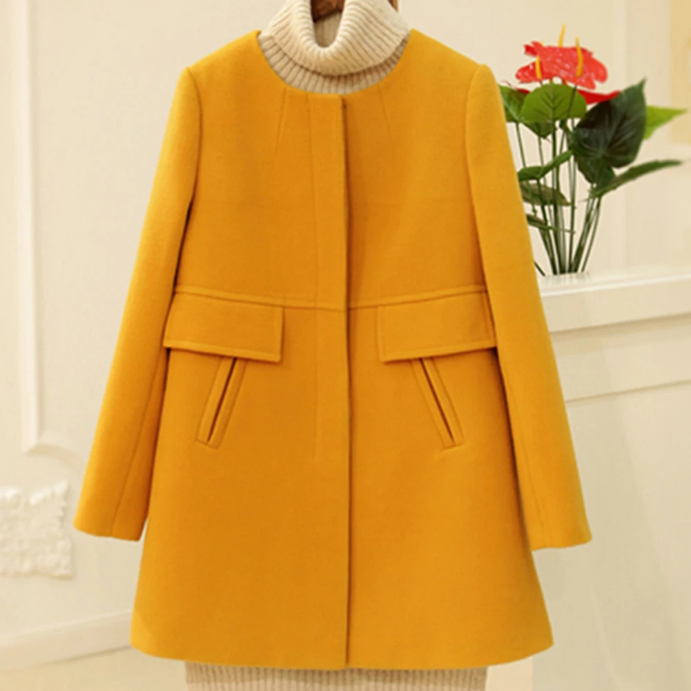 Зимняя шерстяная одежда длинное пальто для женщин с длинным рукавом и круглым