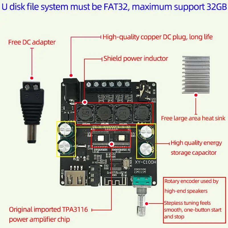 XY-C100H TPA3116 Bluetooth 5 0 Плата усилителя звука 100 Вт * 2 HiFi стерео усилитель сабвуфера