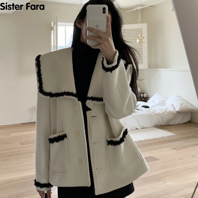 

Sister Fara Spring Autumn New Woman's Turn-Down Collar Cardigan Jacket Triple Breasted All-Match Contrast OL Office Lady Coat