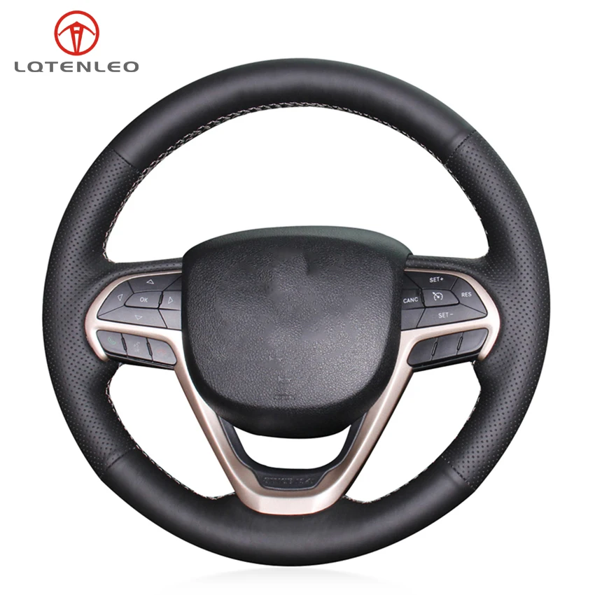 

LQTENLEO Black Genuine Leather Hand-stitched Car Steering Wheel Cover For Jeep Cherokee 2014-2020 Grand Cherokee 2014-2020