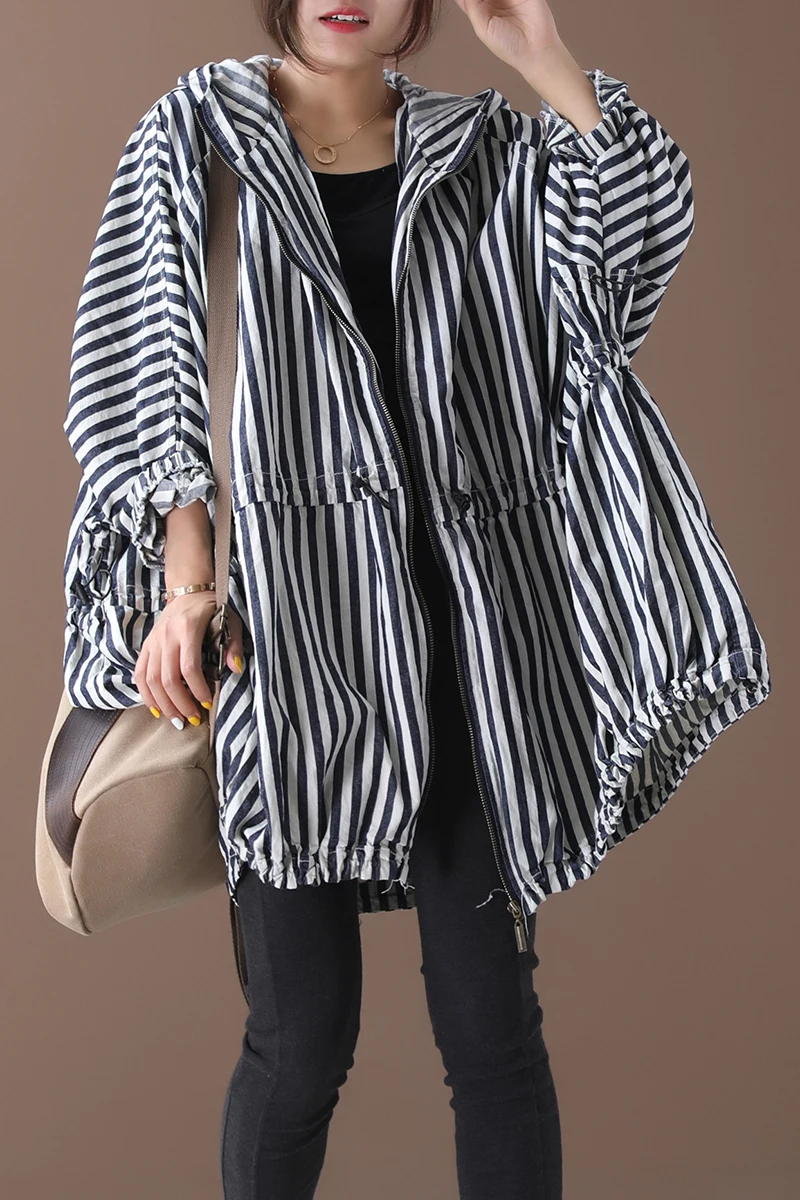 

Autumn New Women Blue Striped Oversize Hooded Trench 2019 New Korean Loose Literary Hood Zipper Striped Windbreaker Coat