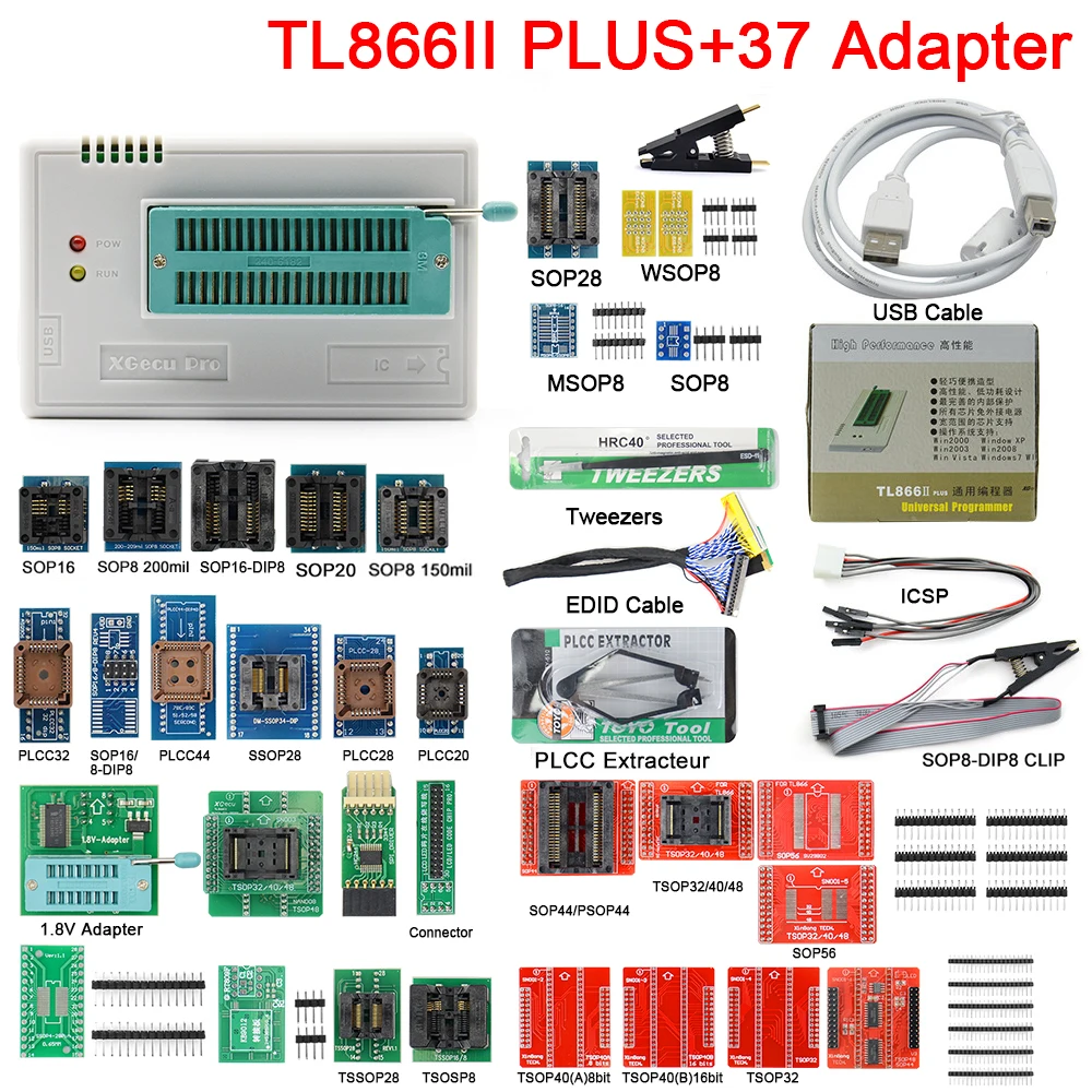 T48 TL866II  Plus Minipro Programmer V11.9 Universal TL866 Nand Flash AVR PIC Bios +37 PCS Adapter with TSSOP16/8 Smart Chips