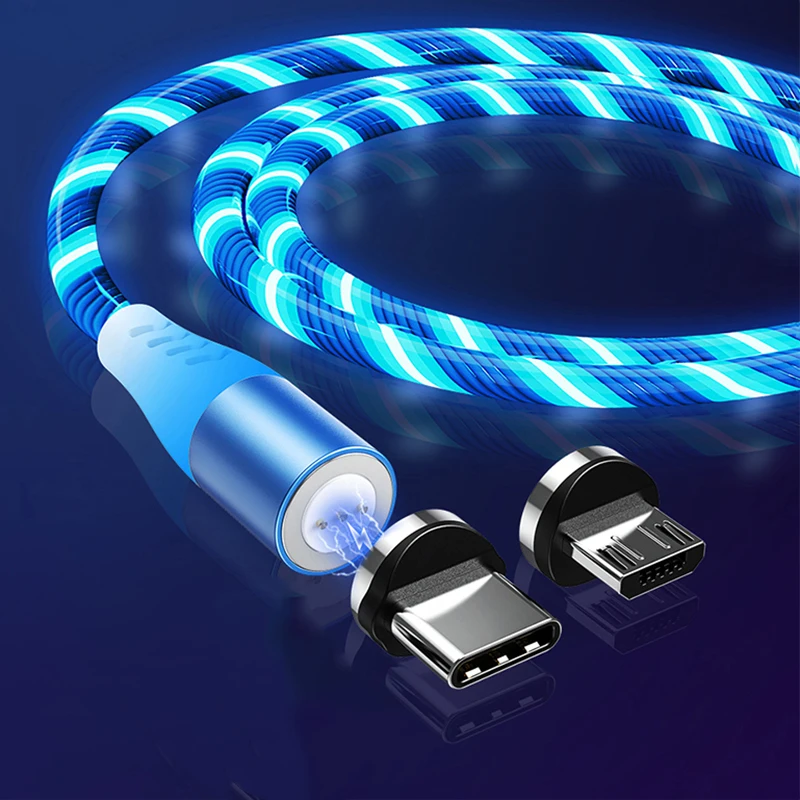 5A Кабель с разъемом Micro USB Type C кабель 1 м Магнитная Зарядка течет свет Красочный