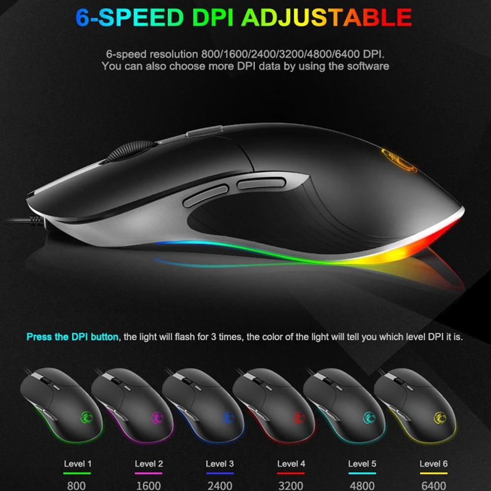 Мышь Компьютерная Проводная игровая эргономичная 6 кнопок 6400 DPI RGB | Компьютеры и