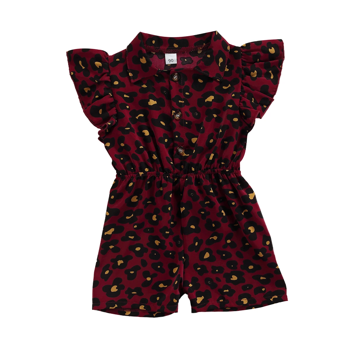 

202 New Toddler Summer Jumpsuit, Leopard Print Turn-Down Collar Ruffed Sleeves Slim-Waist Short Rompers for Small Girls, Red