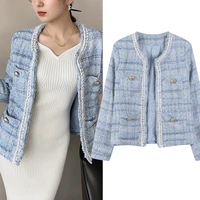 net red and blue woven plaid tweed coat womens short autumn fashion waist closing gentle cardigan top