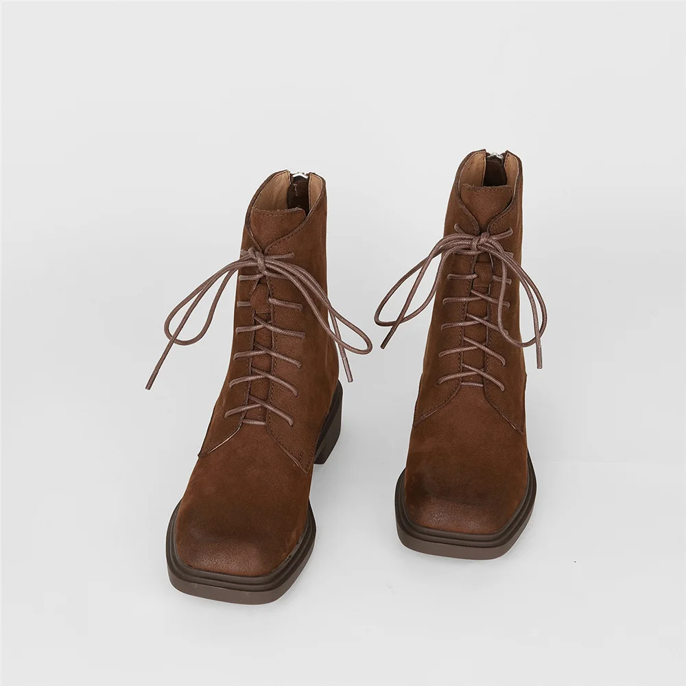 Harga Sepatu Bot Pergelangan Kaki Sepeda Motor Tetap Hangat Musim Dingin Ritsleting Belakang Berenda Hak Rendah 3Cm Ujung Kaki Bulat Kulit Full Grain DSHL12 MUYISEXI