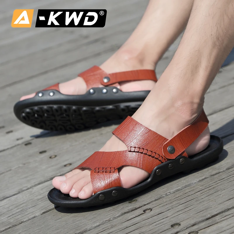 2020 черного цвета Кожаные мужские сандалии Летние пляжные и домашние шлёпанцы для