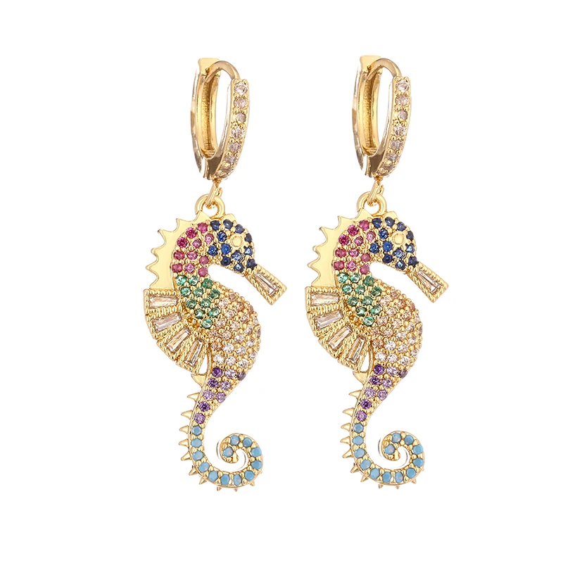 Женские серьги подвески с фианитами золотистые радужным крестом и фианитом в