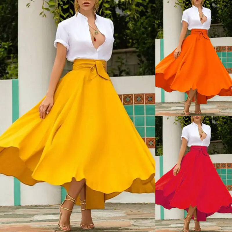 

Fashion Women's High Waist Skirts Ladies Solid Color Bandage Pleated Cocktail Party Summer A Line Skirts With Pocket