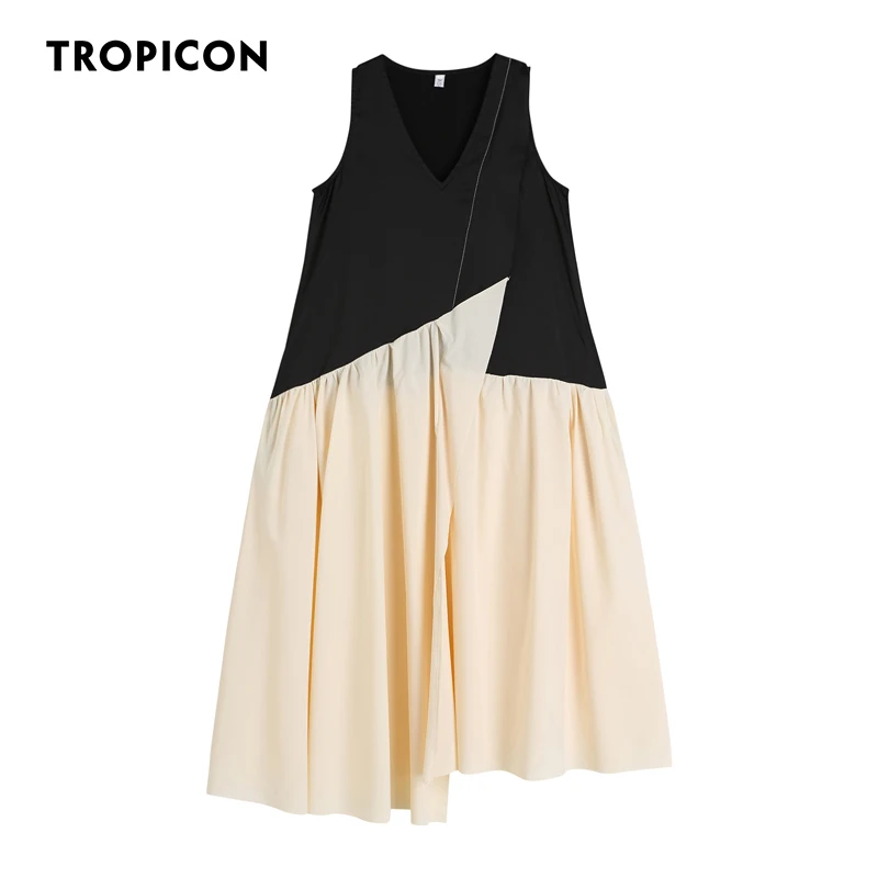 

TROPICON Summer Patchwork Satin Dress For Women 2021 V Neck Long Midi Tank Dress Sleeveless Ladies High Fashion Designer Clothes