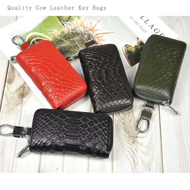 

Matte Cow Python Pattern Car Key Men Cowhide Snak Pattern Key Bag Zipper High Quality Cow Keychain Bag