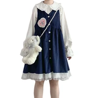 japanese vintage teens girl corduroy dress lolita kawaii bunny pink overalls red harajuku cute rabbit sleeveless lace dress navy