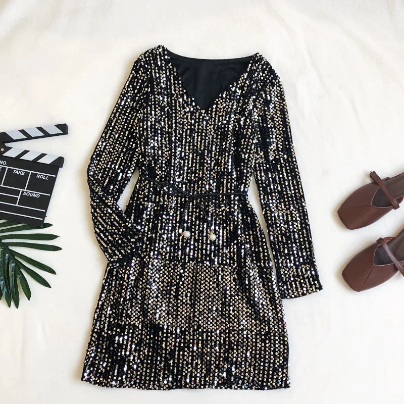 

sexy V neck women's party dress femme long sleeve Mini shiny dress lady bling bling sequins dresses