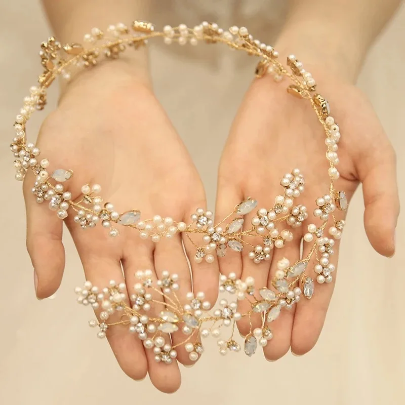 

Luxury Opal Crystal Hair Vine Bridal Headband Pearls Flower Wedding Headpiece Handmade Delicate Hair Jewelry For Brides