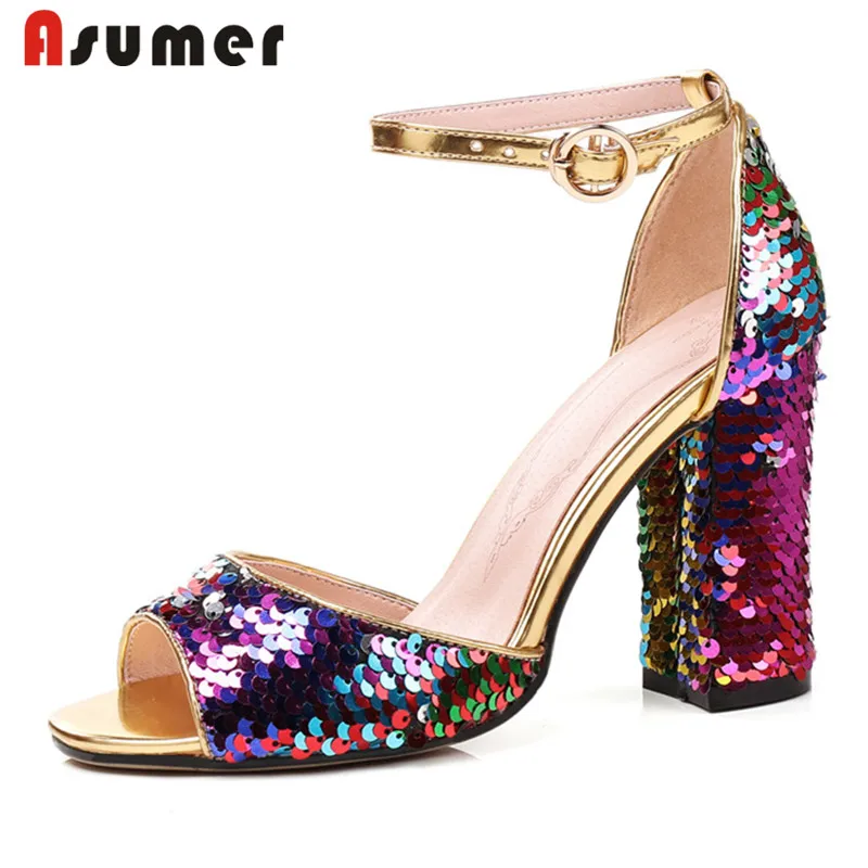 

ASUMER 2021 new arrive women sandals peep toe sequins ankle buckle summer high heels sandals ladies party shoes big size 33-45