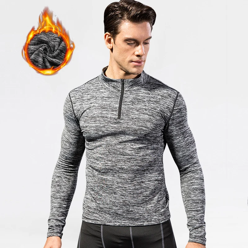

Add fluff winter round neck fitness long-sleeved t-shirt men's sports jacket with zipper outdoor running training T-shirt