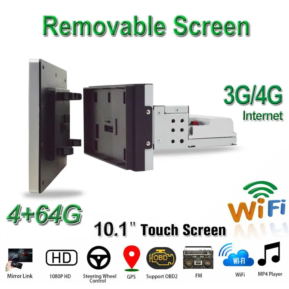 

10.1 Inch Car Multimedia Player 1Din Android 9.1 GPS BT WIFI/3G/4G OBD2 Radio stereo with Removable Screen MP5 Player