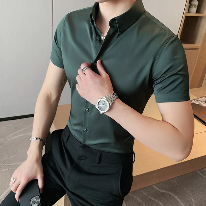 Рубашка мужская приталенная с коротким рукавом модная повседневная на пуговицах