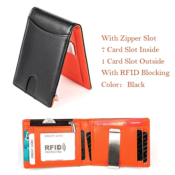 Black zipper slot Тонкий кошелек ультра тонкий зажим для денег из натуральной кожи мужской короткий мини-кошелек RFID блокирующий кошелек WOLFDEER - Цвет: Black zipper slot