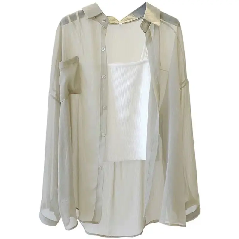 

Shirts Women Chiffon Simple Basic Blouses Womens Loose Summer Koran Style Soft See-through Thin Sun Protection Outerwear Leisure