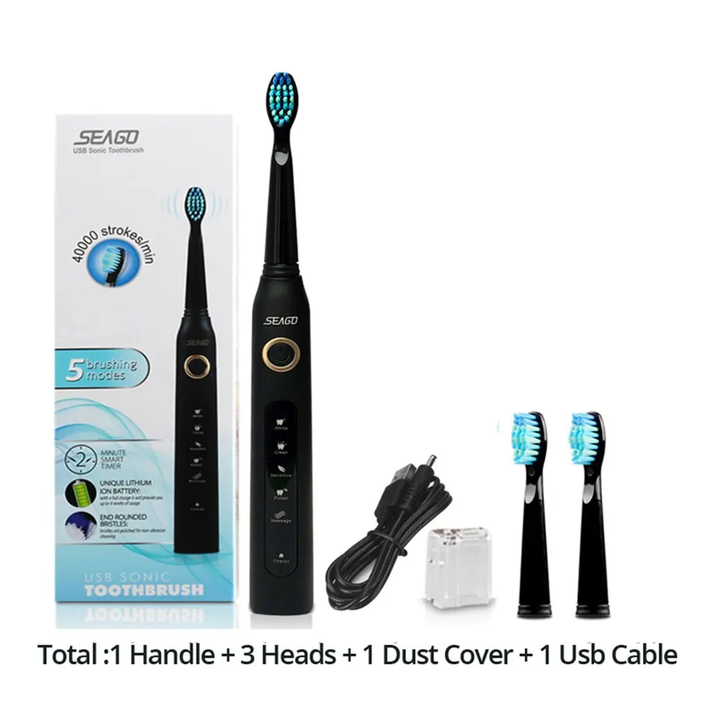 

Seago SG-507 USB Rechargeable Electric Toothbrush Adult Waterproof Deep Clean Teeth Brush With 2 Replacement Heads