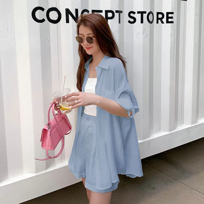 

Temperament Shirt Shorts piece Suit Women's Summer New French High Waist Wide Leg Pants Sunscreen Suit